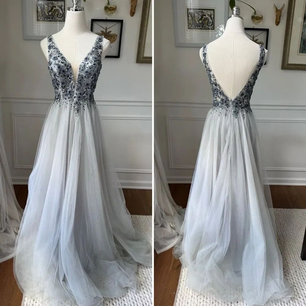 Dave & Johnny Grey Navy Blue Beaded Prom Dress Formal Ball Gown $438 0